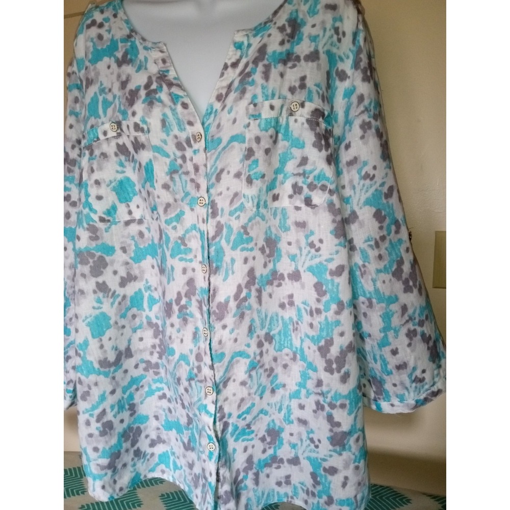 JM Collection Woman Turquoise Grey Abstract Roll Tab Sleeve Button Up Tunic 18W